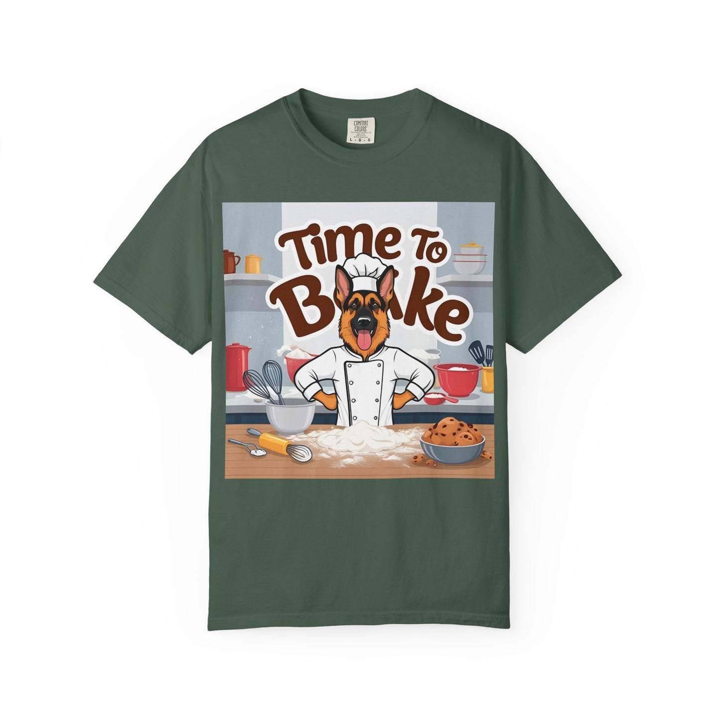 Unisex Dog Lover T-Shirt With Graphic of German Shepherd Wearing Chef Suit and Caption Time To Bake