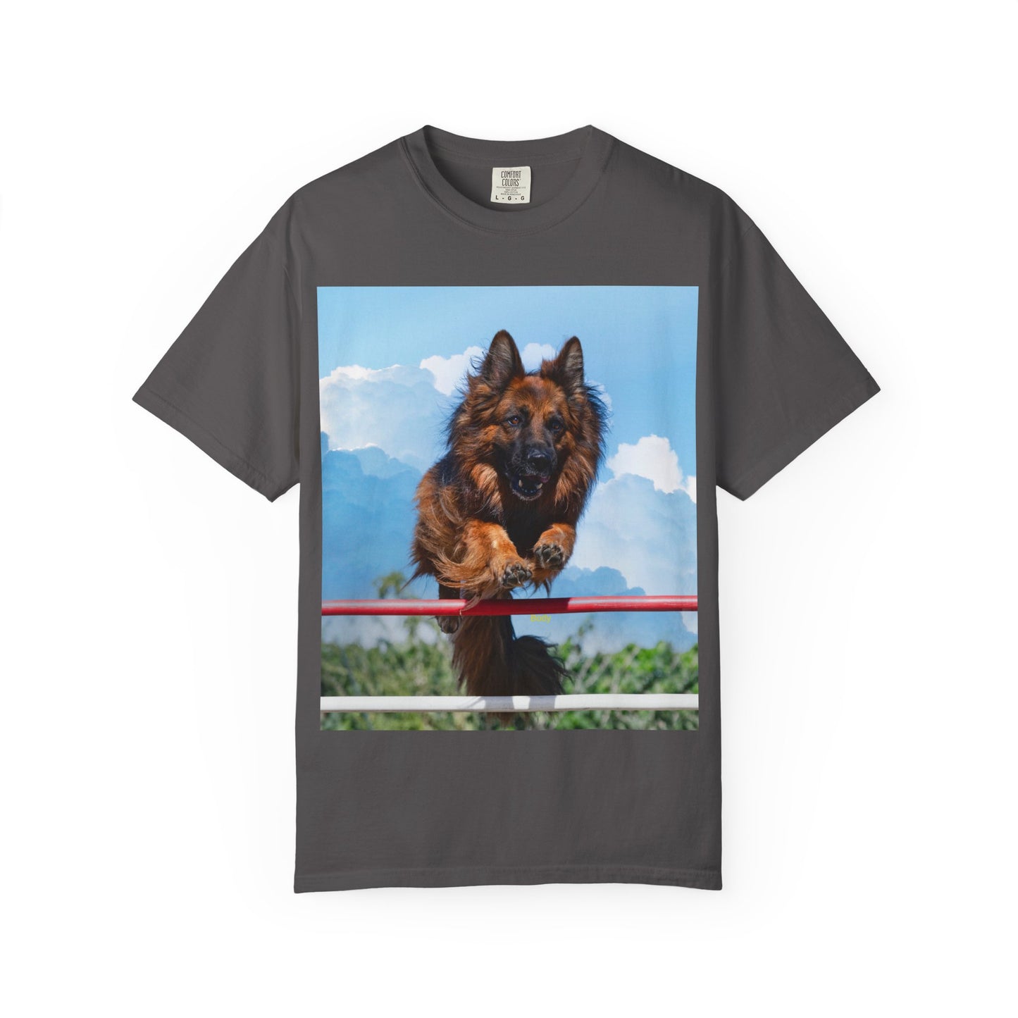 Unisex Dog Lovers T-Shirt Featuring a German Shepherd Jumping An Agility Fence
