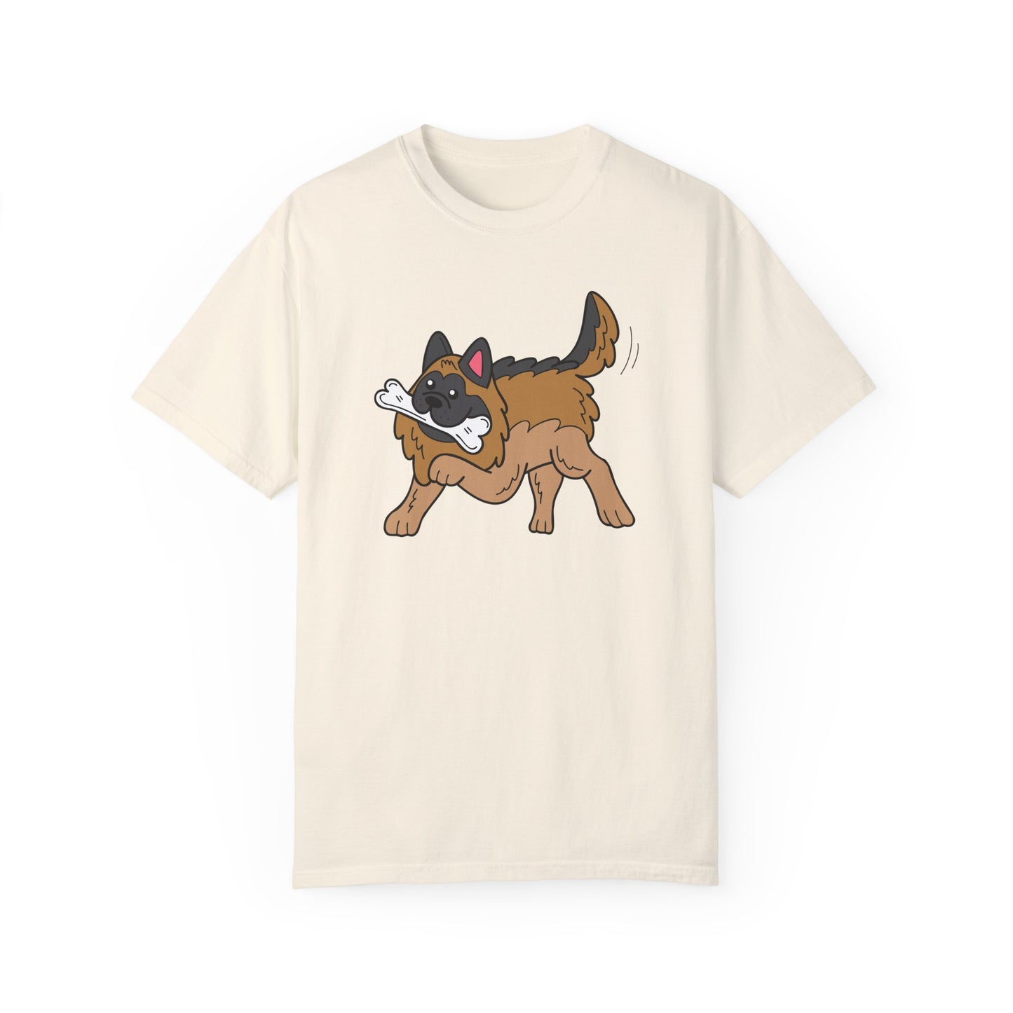 Unisex Dog Lover T-Shirt With a Graphic of a German Shepherd Holding a White Bone in Mouth