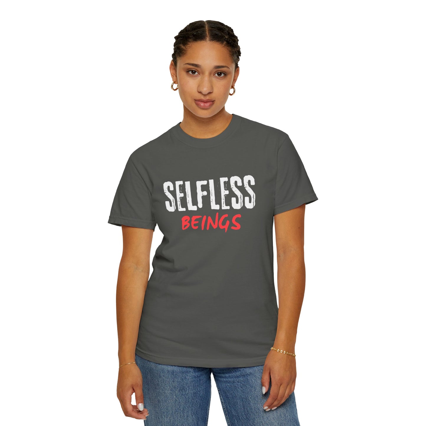Unisex Dog Lover T-Shirt With Text "Selfless Beings" Designed Using White and Red Effect