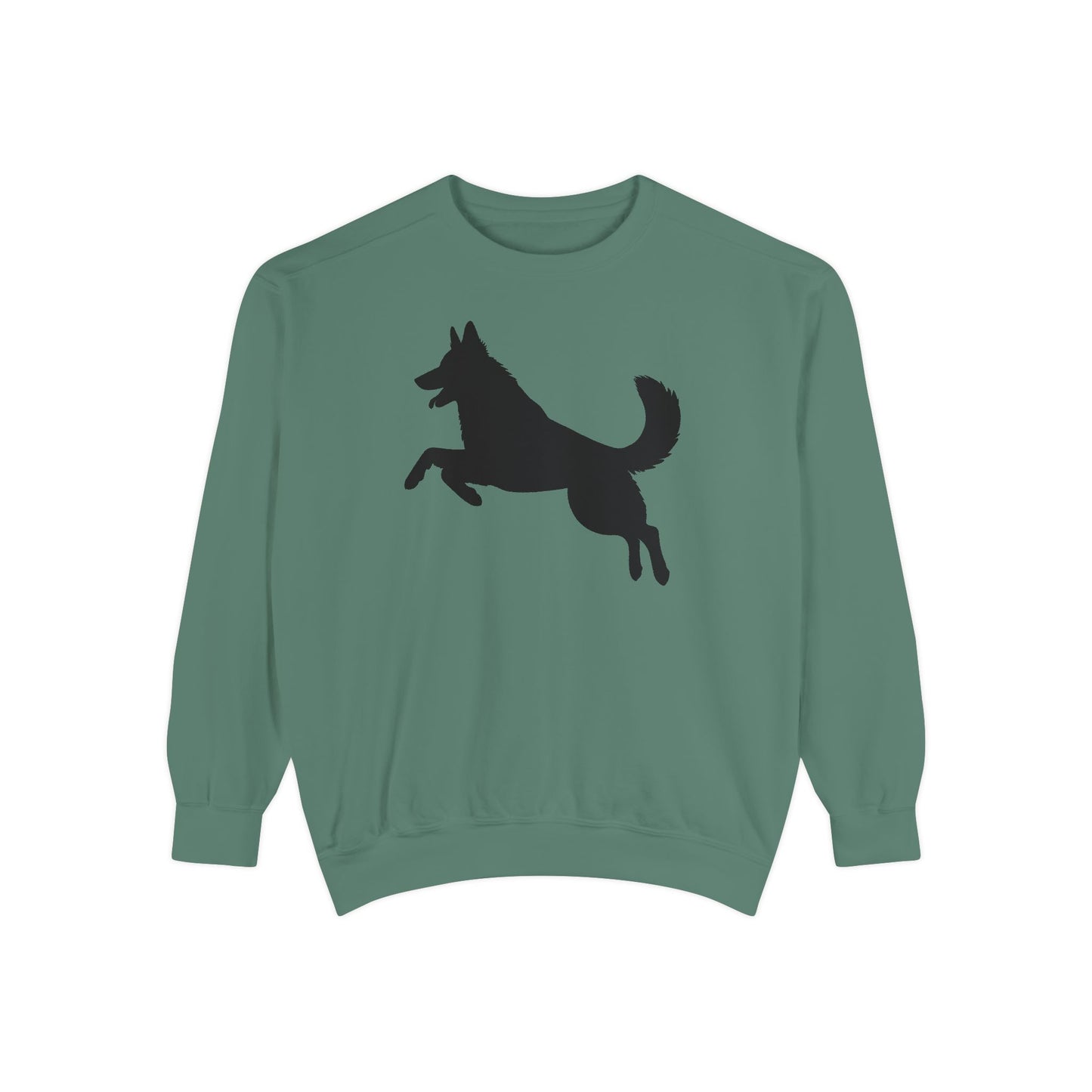 Unisex Dog Lover Sweatshirt With a Graphic of Solid Black German Shepherd Jumping in the Air