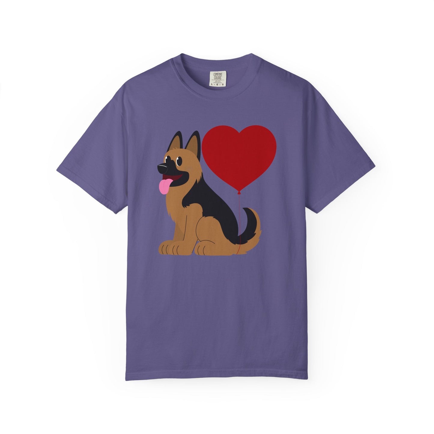 Unisex Dog Lover T-Shirt With a Graphic of German Shepherd Puppy and Heart Shaped Balloon Attached With Tail