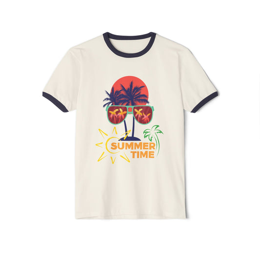 Summer Vibes Unisex Cotton Ringer T-Shirt, Fun Tropical Tee, Beachwear, Vacation Shirt, Gift for Him/Her, Summer Time Design