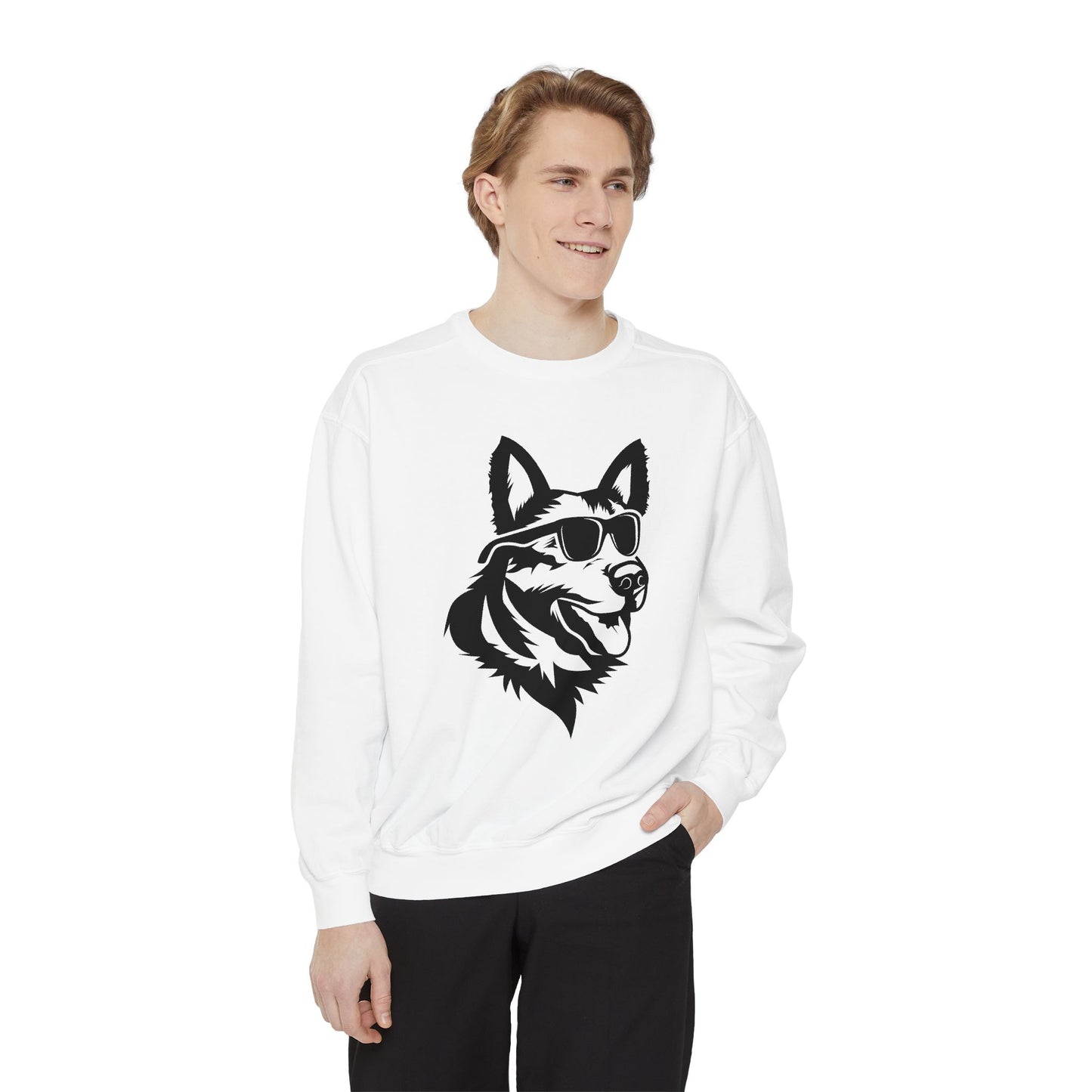 Unisex Dog Lover Sweatshirt With a Close Up Graphic of German Shepherd Wearing Black Glasses