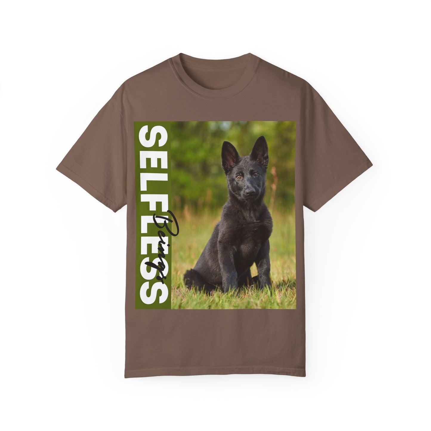 Unisex Dog Lover T-Shirt With Solid Black German Shepherd Puppy Sloppily Sitting on the Green Pasture and Caption Selfless Beings