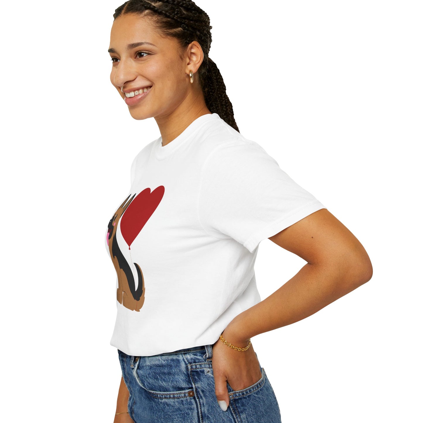 Unisex Dog Lover T-Shirt With a Graphic of German Shepherd Puppy and Heart Shaped Balloon Attached With Tail