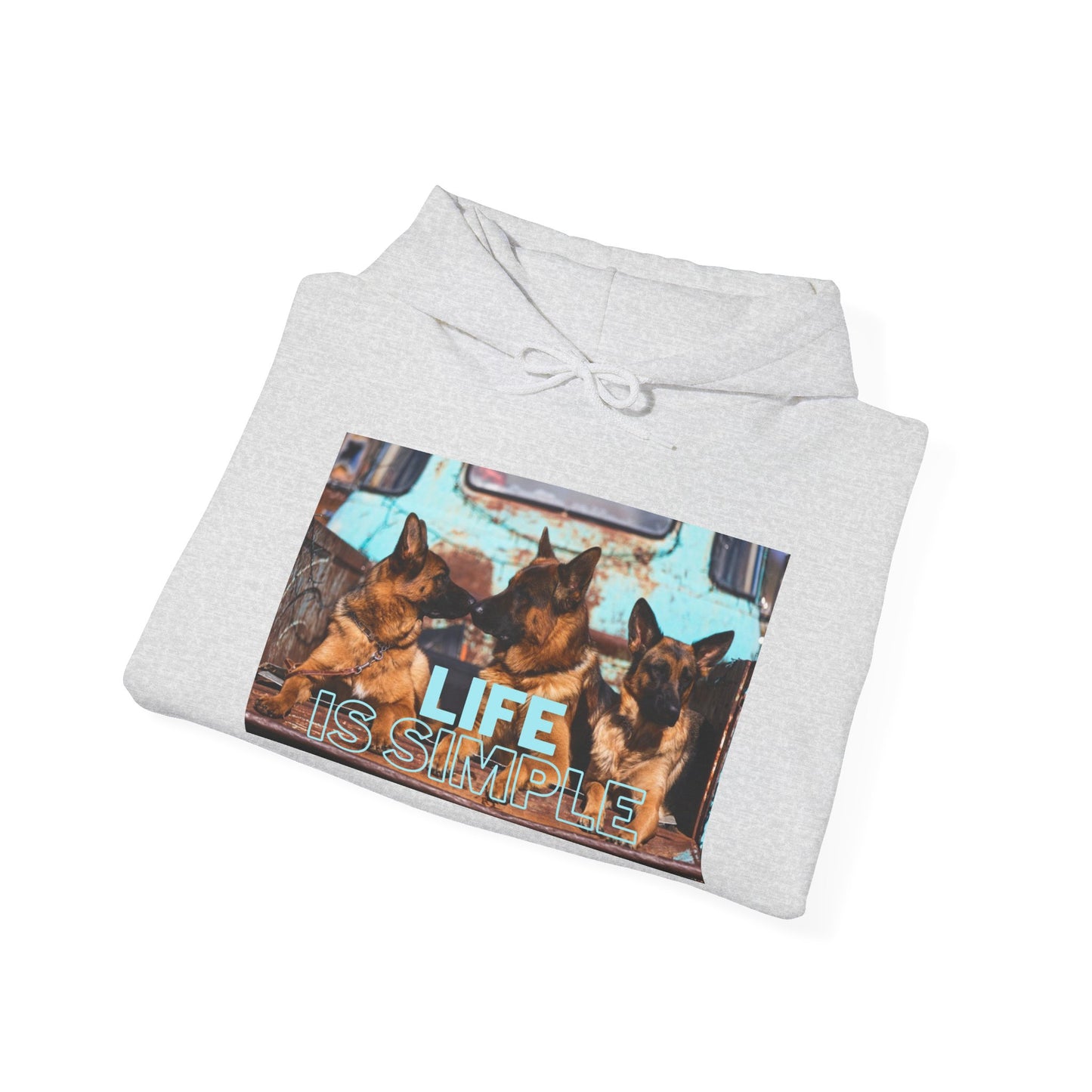 Unisex Dog Lover Hoodie With Three German Shepherds Sitting on the Truck's Cargo Bed and Caption Life is Simple