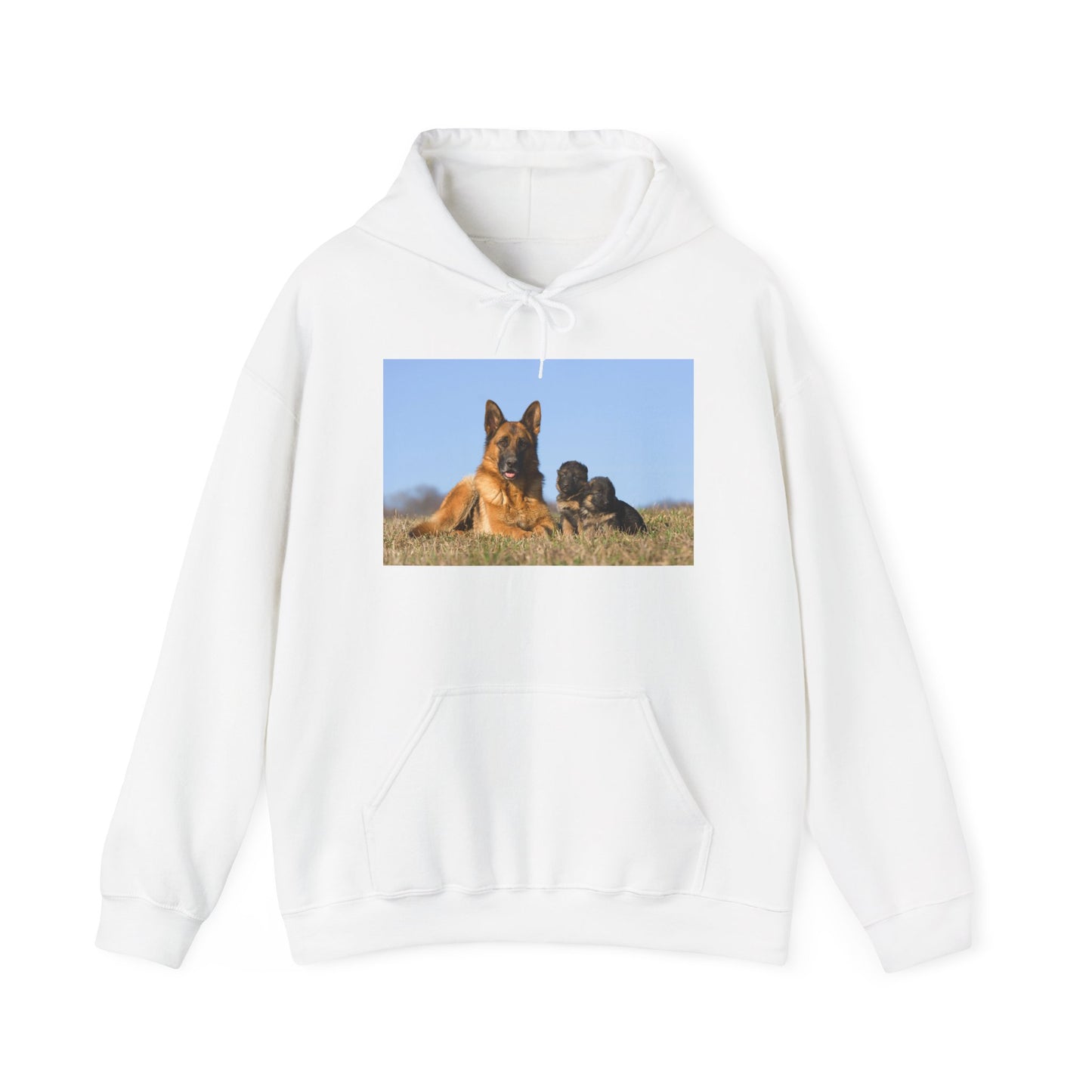 A Unisex Dog Lover Hoodie With a German Shepherd Lying on the Grass With Two Puppies