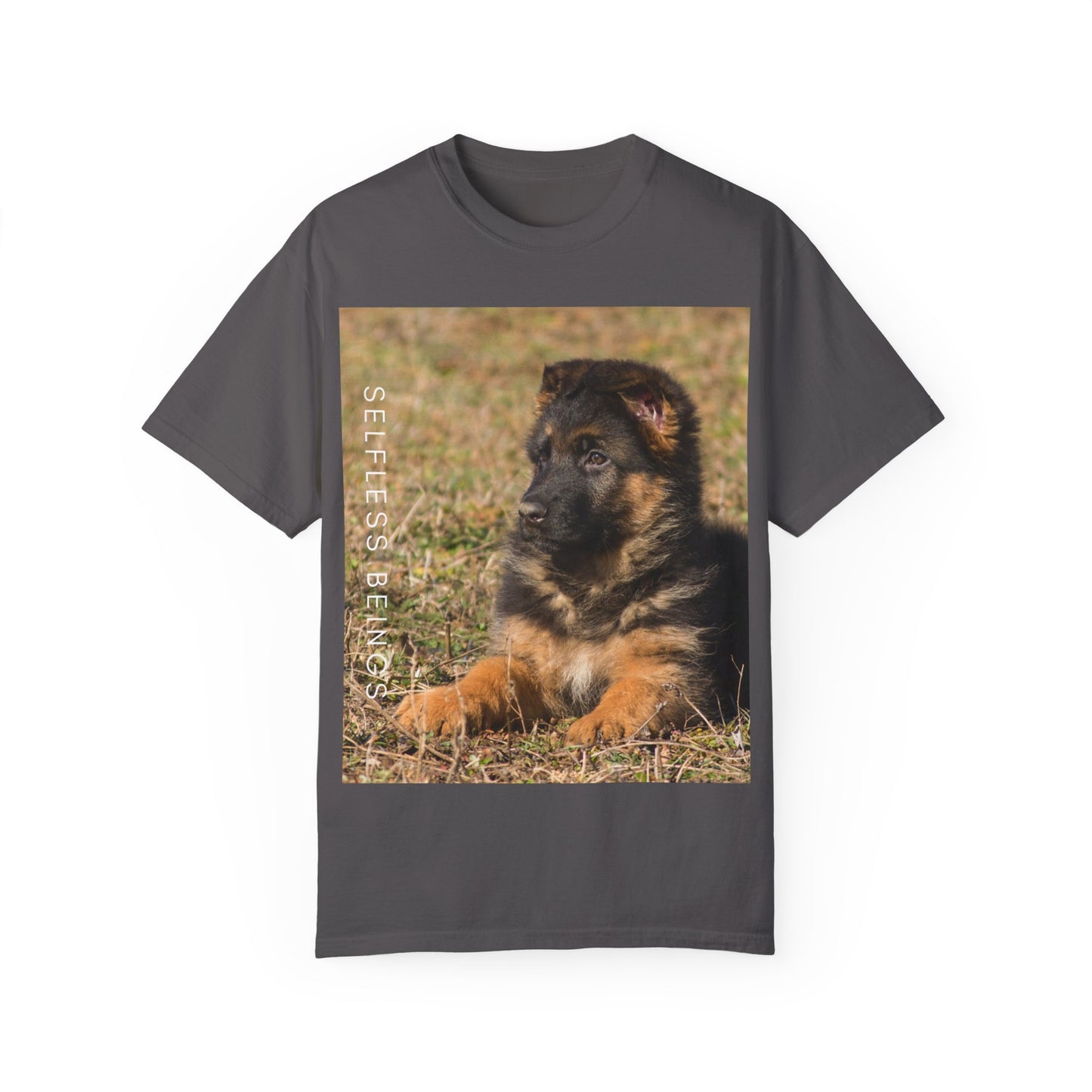Unisex Dog Lover T-Shirt With Beautiful German Shepherd Puppy Resting On the Grass and Caption Selfless Beings