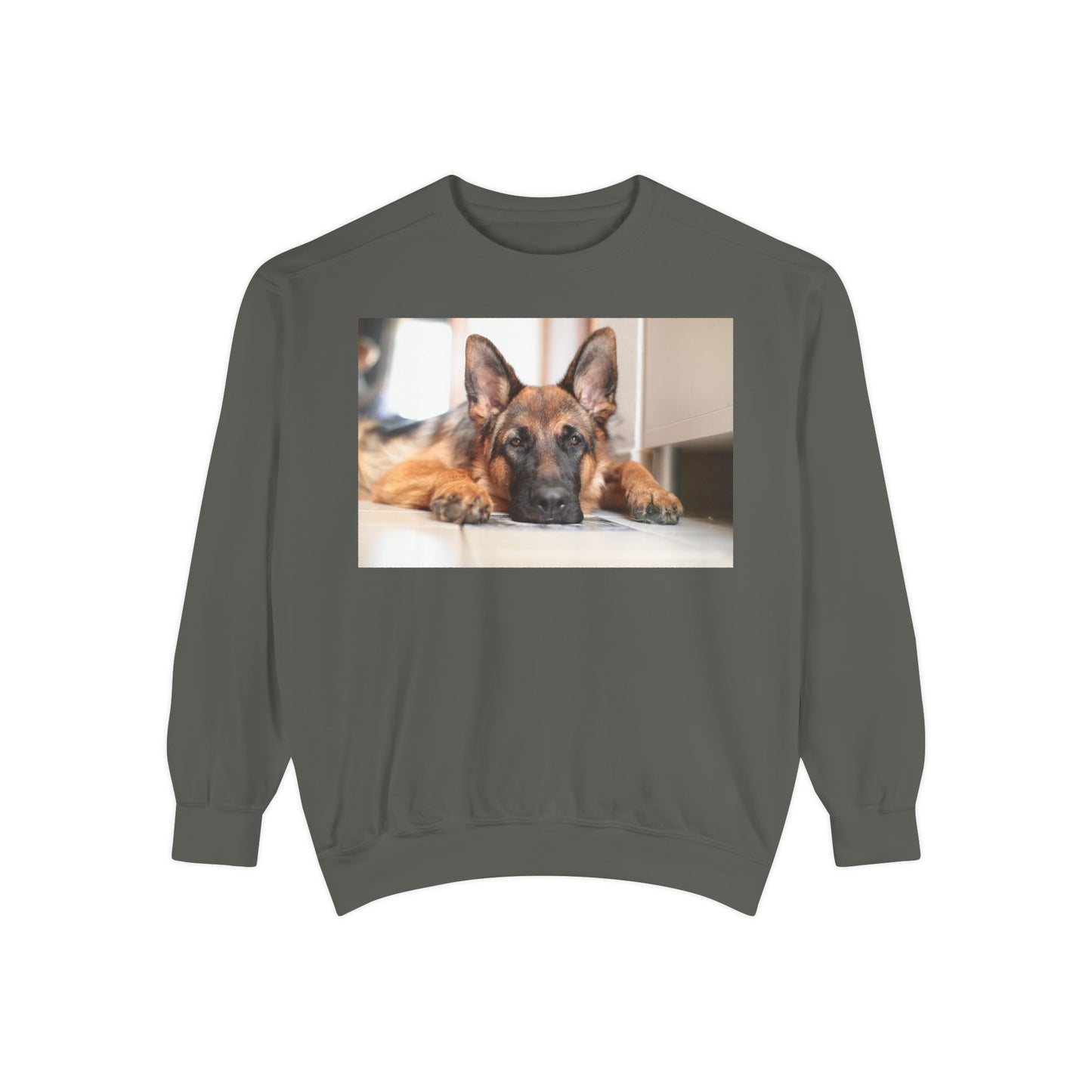 Unisex Dog Lover Sweatshirt With a German Shepherd Lying His Head on the Floor