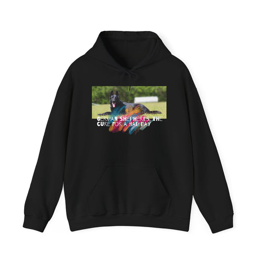 Unisex Dog Lover Hoodie With a Black German Shepherd Leaving Tongue Out and Caption The Cure for Bad Day