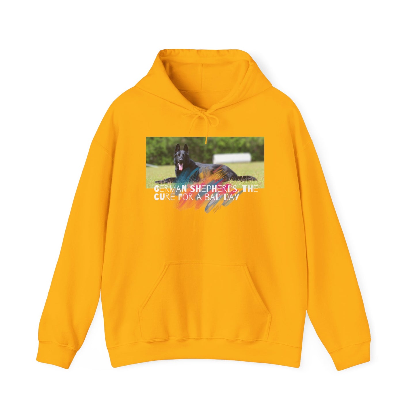 Unisex Dog Lover Hoodie With a Black German Shepherd Leaving Tongue Out and Caption The Cure for Bad Day