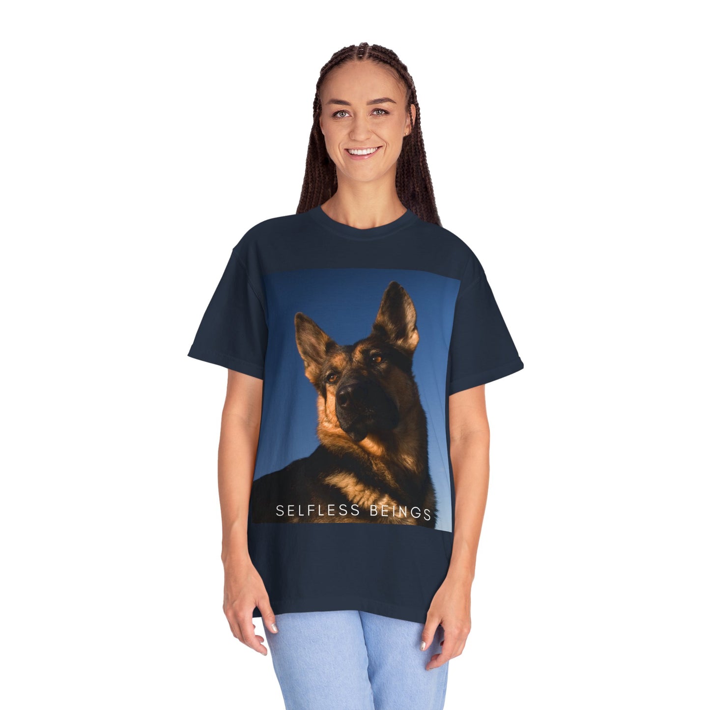 Unisex Dog Lover T-shirt With Close Up Portrait of Giant German Shepherd Turning His Head and Caption Selfless Beings