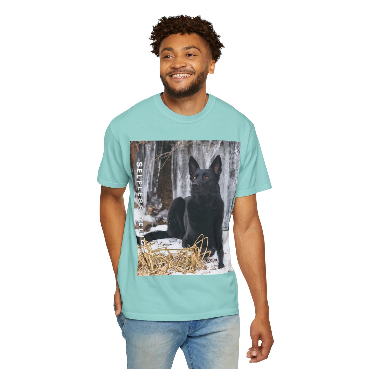 Unisex Dog Lover T-Shirt With Solid Black German Shepherd Sitting on the Snow, Ice Spikes in the Background and Caption Selfless Beings