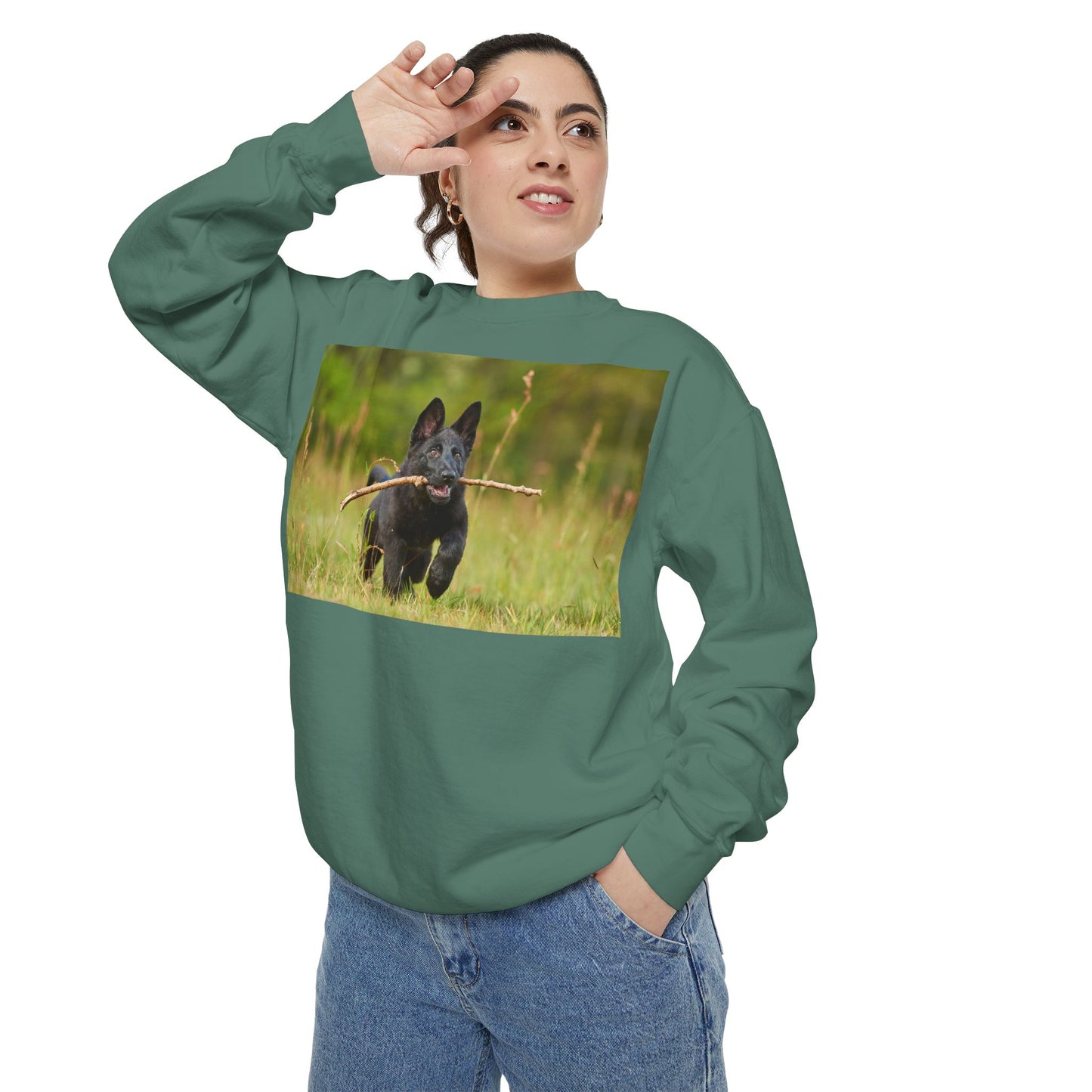 Unisex Dog Lover Sweatshirt With Black German Shepherd Puppy Running on the Grass Holding a Stick in the Mouth