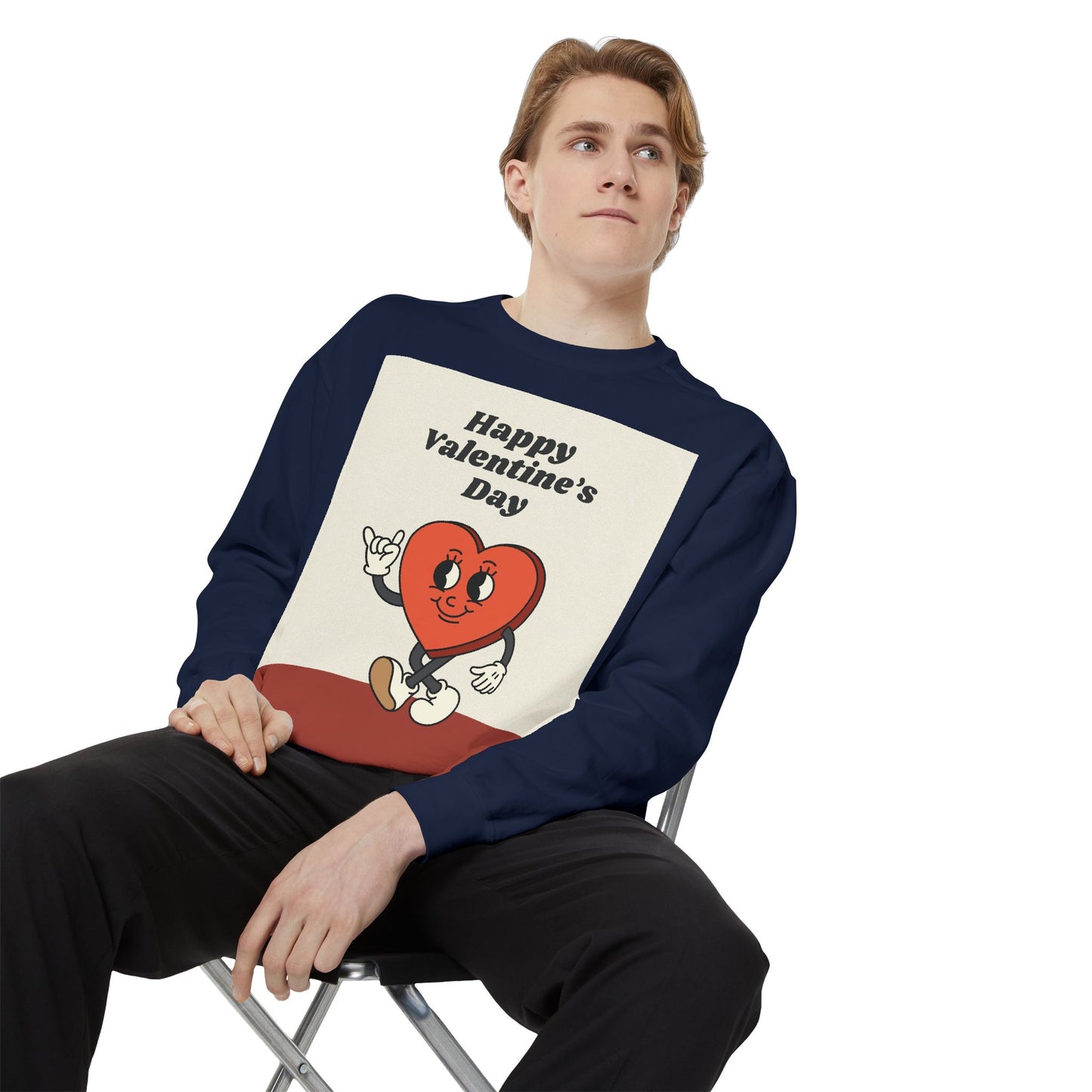 Unisex Valentine's Day Sweatshirt With a Heart Character and Caption Happy Valentine's Day