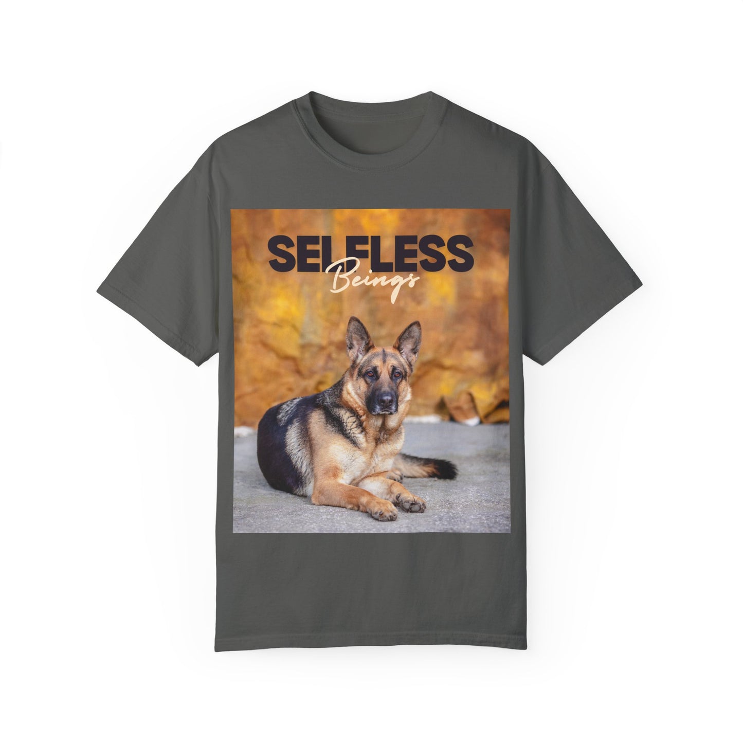 Unisex Dog Lover T-Shirt With Showline German Shepherd Posing for Camera, Autumn Background and Caption Selfless Beings