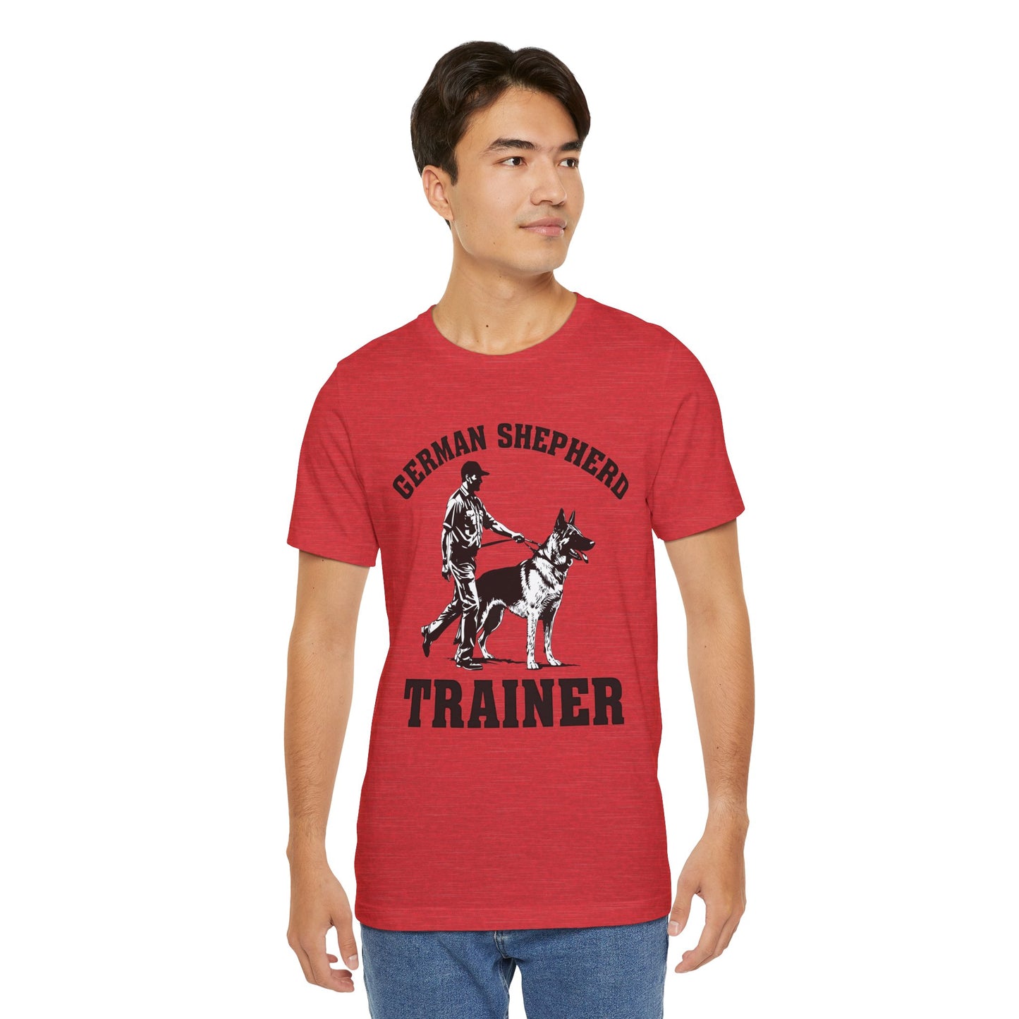 German Shepherd Trainer Tee - Black and White Design of Man Holding a German Shepherd
