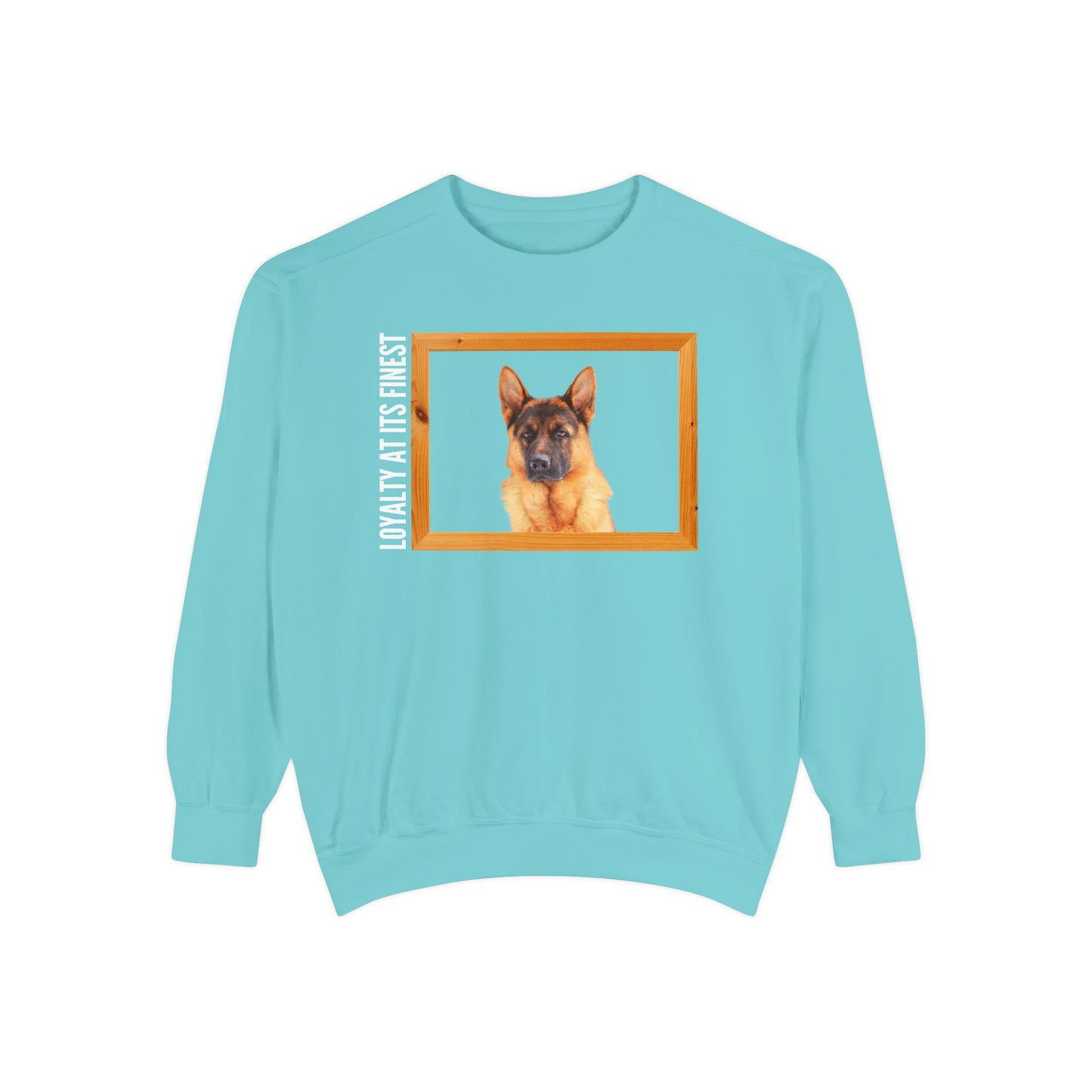 Unisex Dog Lover Sweatshirt With a German Shepherd's Head Inside a Wooden Frame and Caption Loyalty at Its Finest