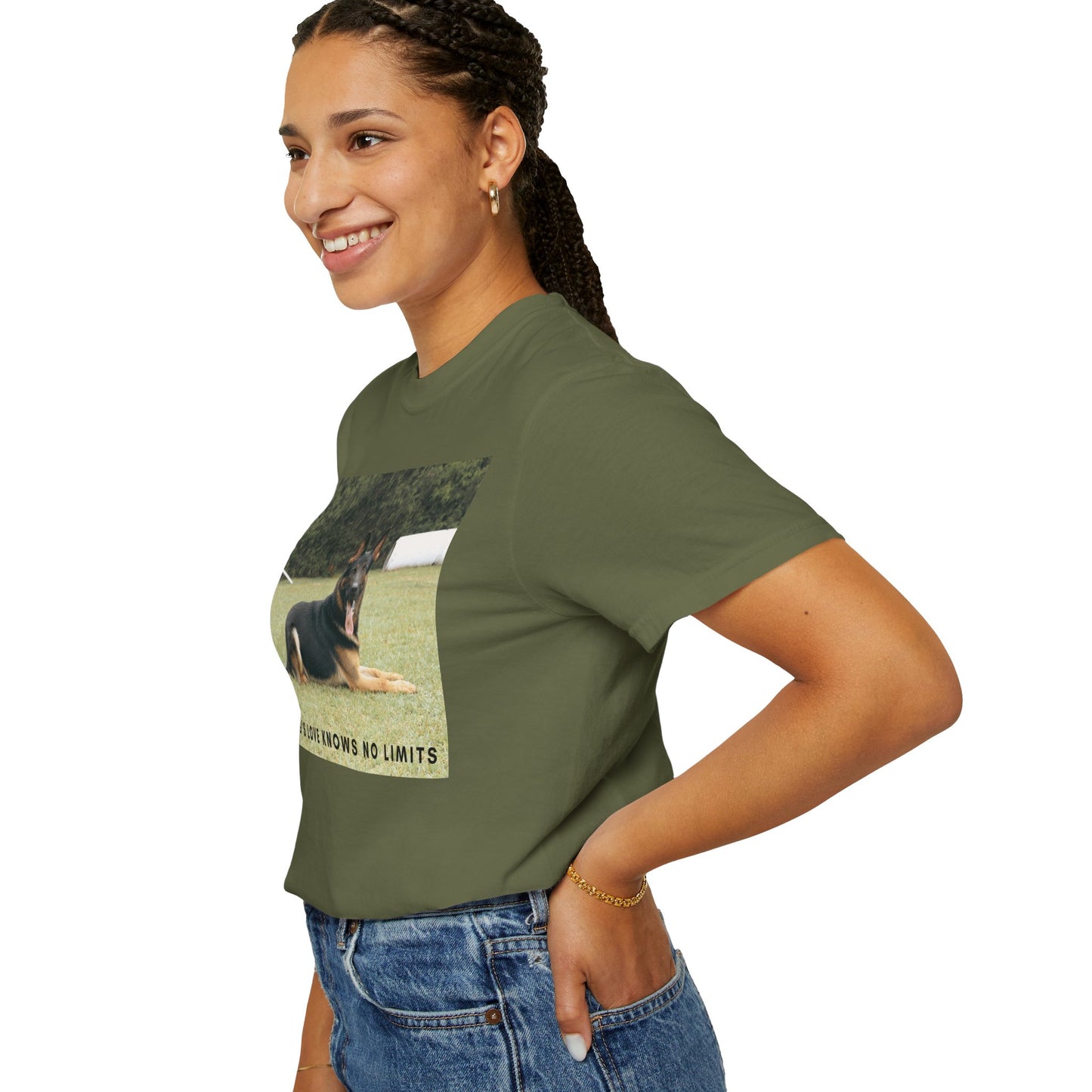 Unisex Dog Lover T-Shirt With a Giant German Shepherd Resting On the Grass Leaving Tongue Out and Text A Dog's Love Knows