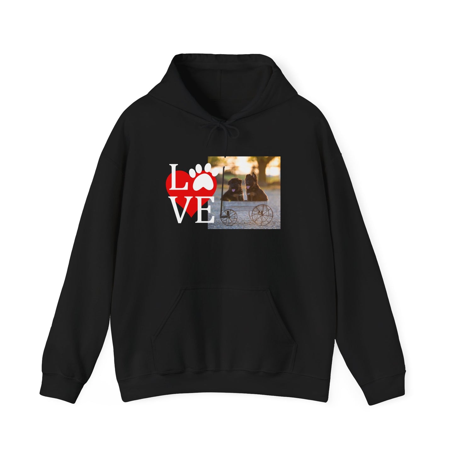 Unisex Dog Lover Hoodie With Two Cute German Shepherd Puppies Sitting on a Cart and Caption Love On Top of Red Heart