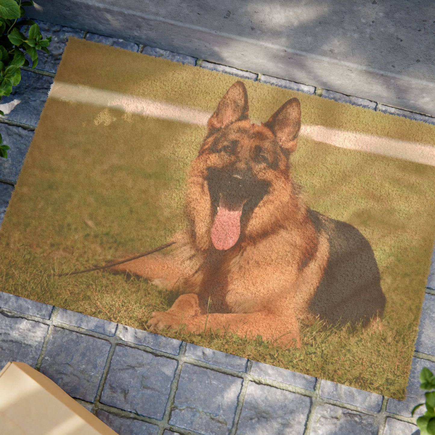 Dog Lovers Doormat Featuring a Giant German Shepherd Sitting on the Grass With a Hanging Tongue