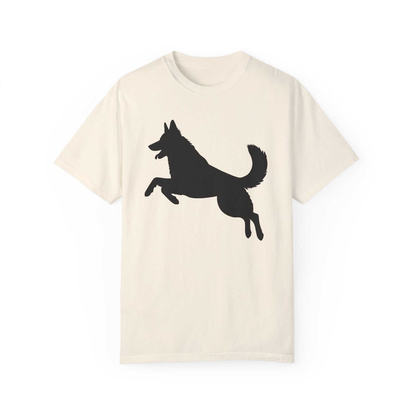 Unisex Dog Lover T-Shirt With a Graphic of Solid Black German Shepherd Jumping in the Air