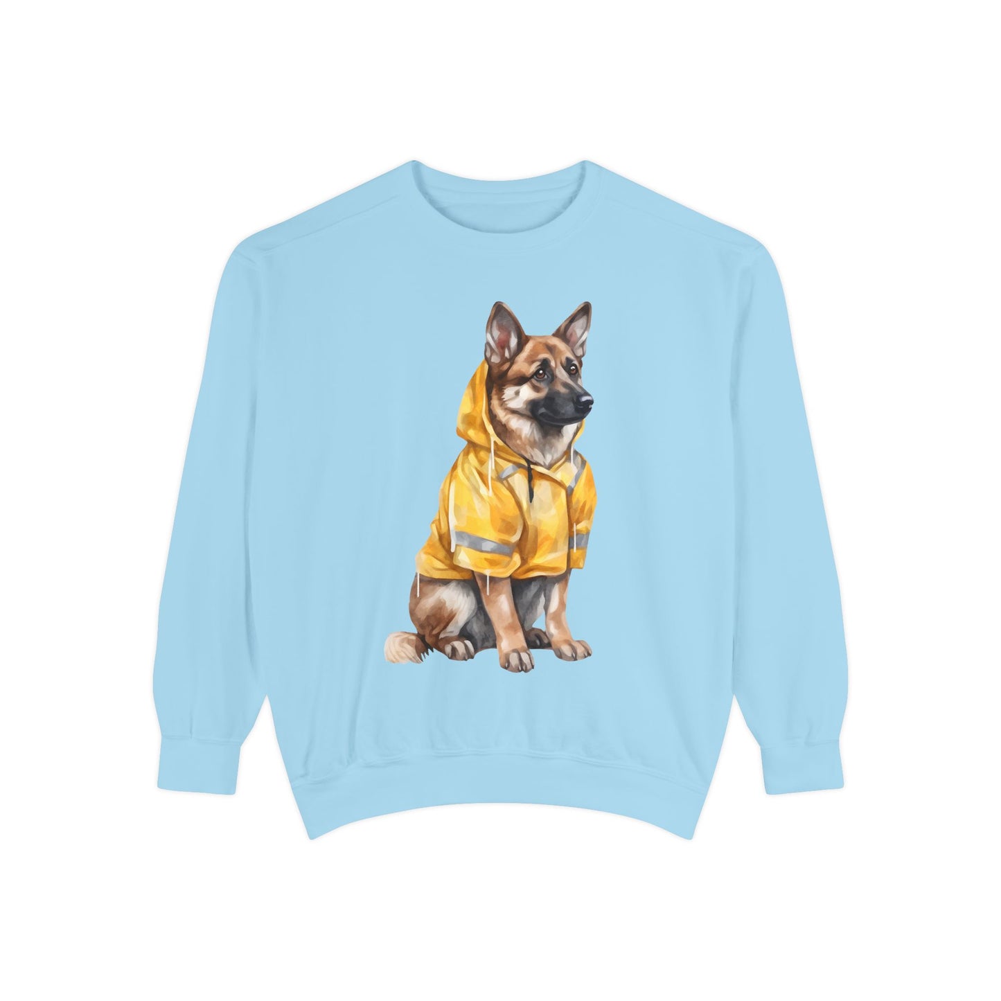 Unisex Dog Lover Sweatshirt With a Graphic of German Shepherd Wearing a Yellow Rain Coat