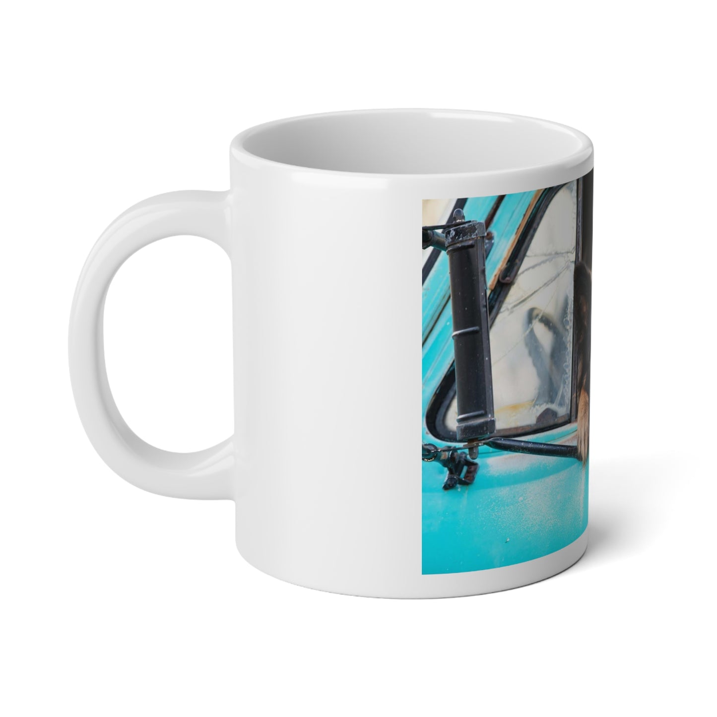 Jumbo Mug, 20oz With a German Shepherd Puppy Putting His Head and Front Legs On The Truck Seat's Window
