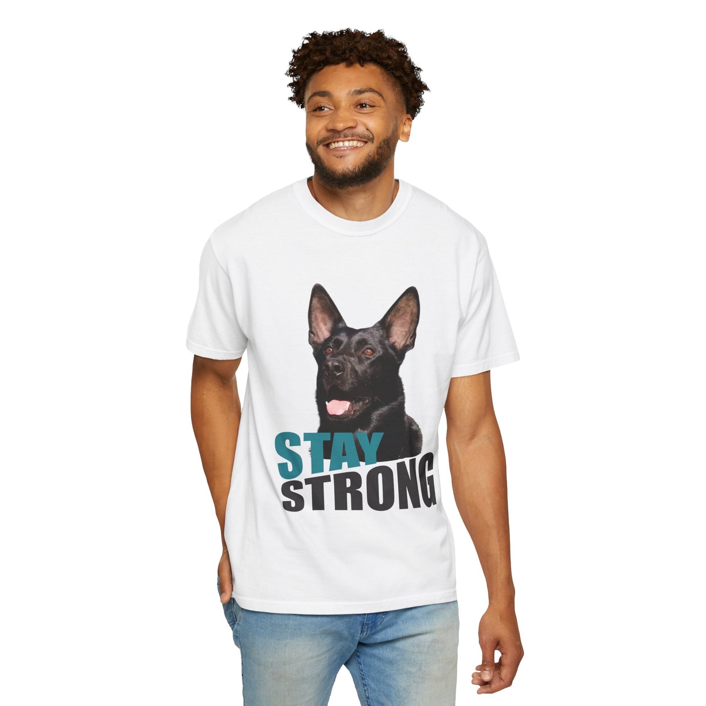 Unisex Dog Lover T-Shirt With Solid Black Working Line German Shepherd Mouth Opened and Caption Stay Strong