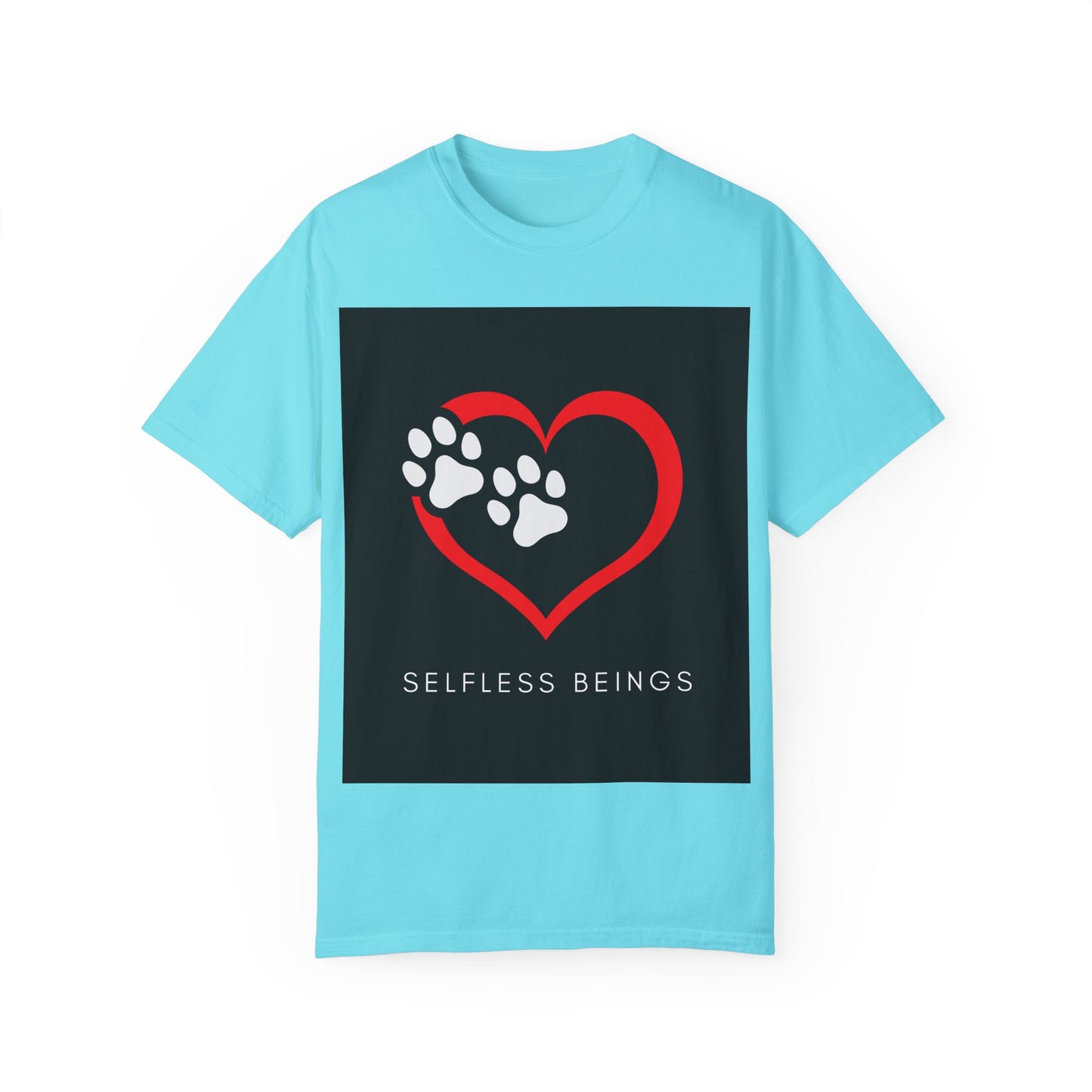 Unisex Dog Lover T-Shirt With Graphic of Red Heart That Contains Two White Dog Paw Prints and Caption Selfless Beings