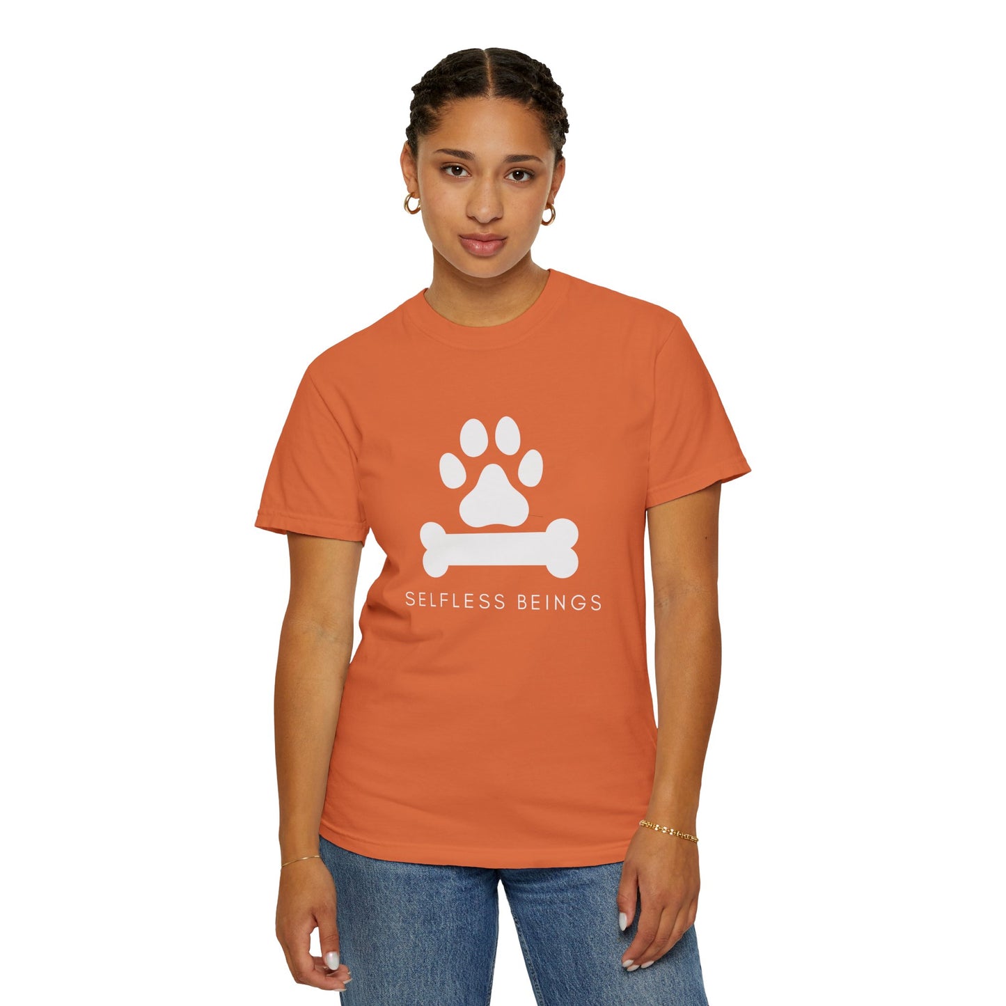 Unisex Dog Lover T-Shirt With Graphic of Dog Bone and Paw and Caption Selfless Beings