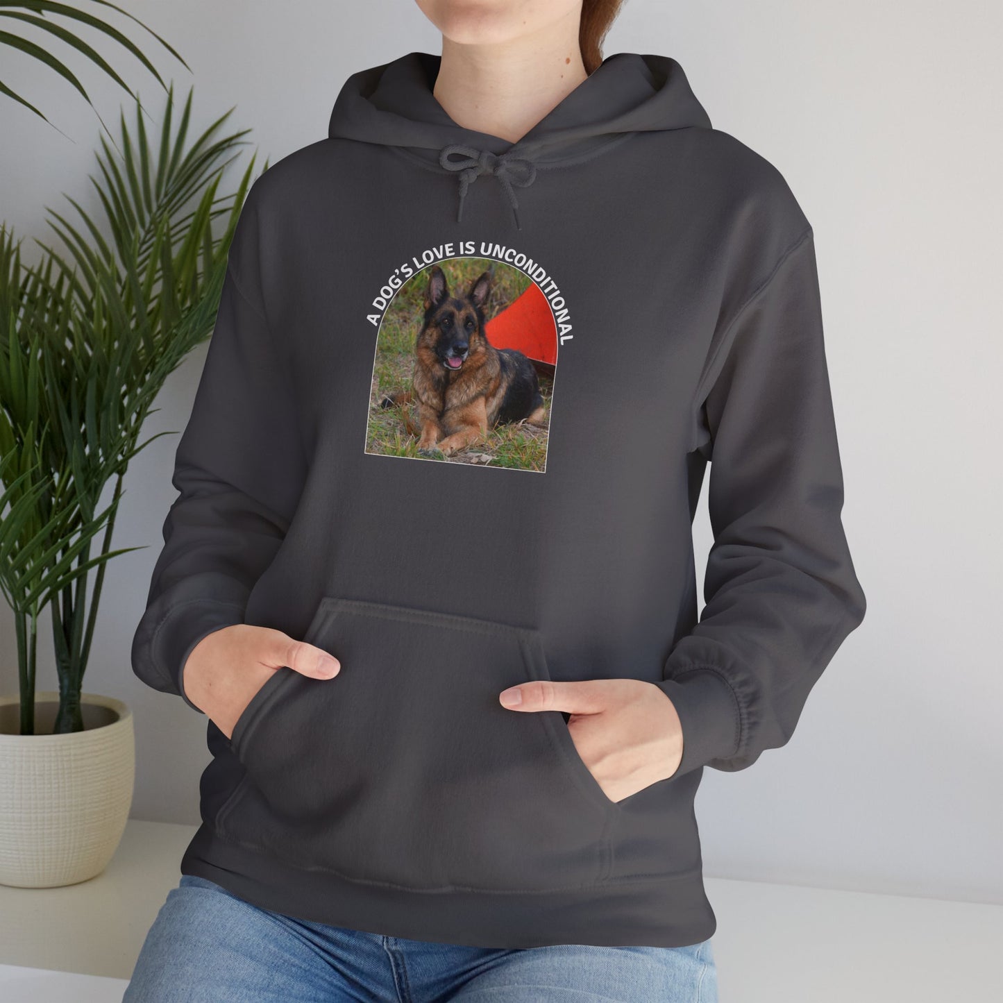 Unisex Dog Lover Hoodie With German Shepherd and Caption Dog's Love is Unconditional