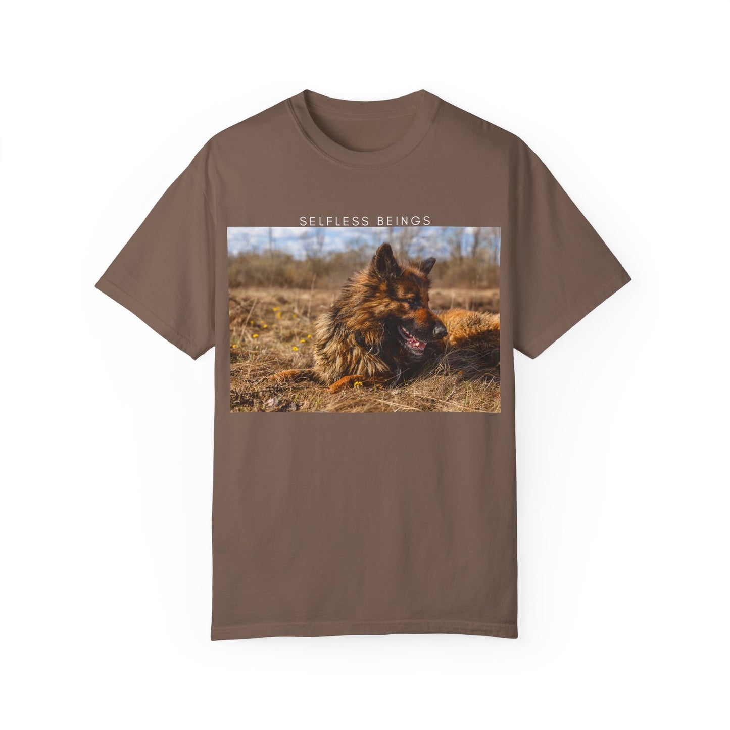 Unisex Dog Lover T-Shirt With a German Shepherd Lying on the Dry Grass in Spring and Caption Selfless Beings