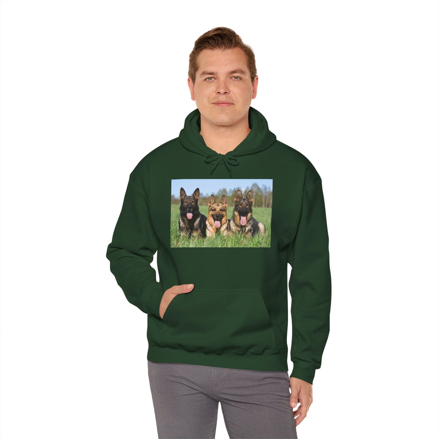 A Dog Lover Hoodie With Three Giant German Shepherds Lying on The Grass Leaving Tongues Out