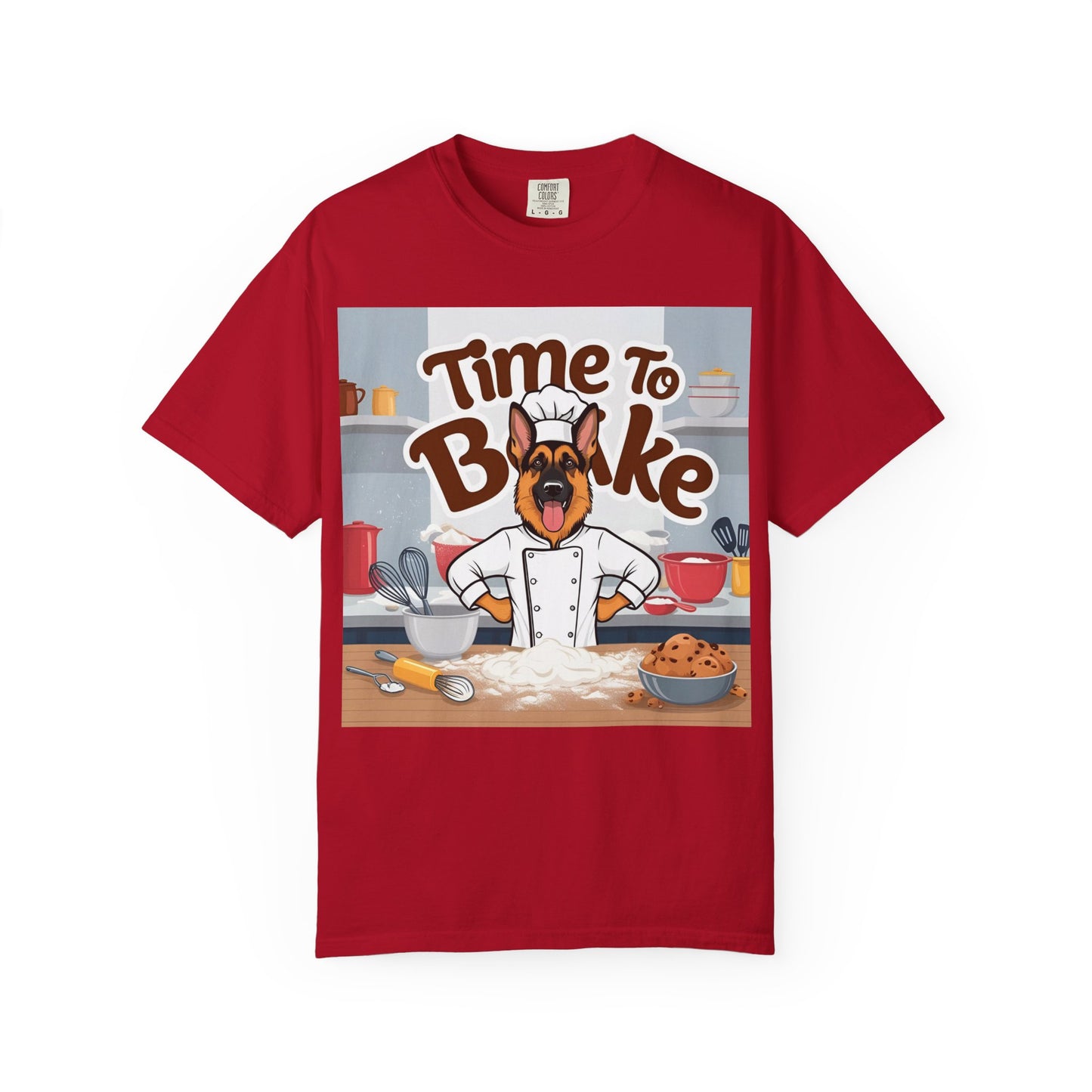 Unisex Dog Lover T-Shirt With Graphic of German Shepherd Wearing Chef Suit and Caption Time To Bake