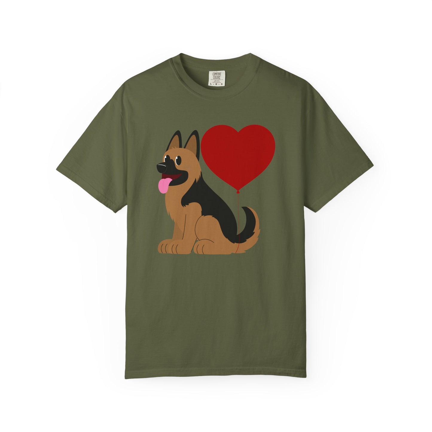 Unisex Dog Lover T-Shirt With a Graphic of German Shepherd Puppy and Heart Shaped Balloon Attached With Tail