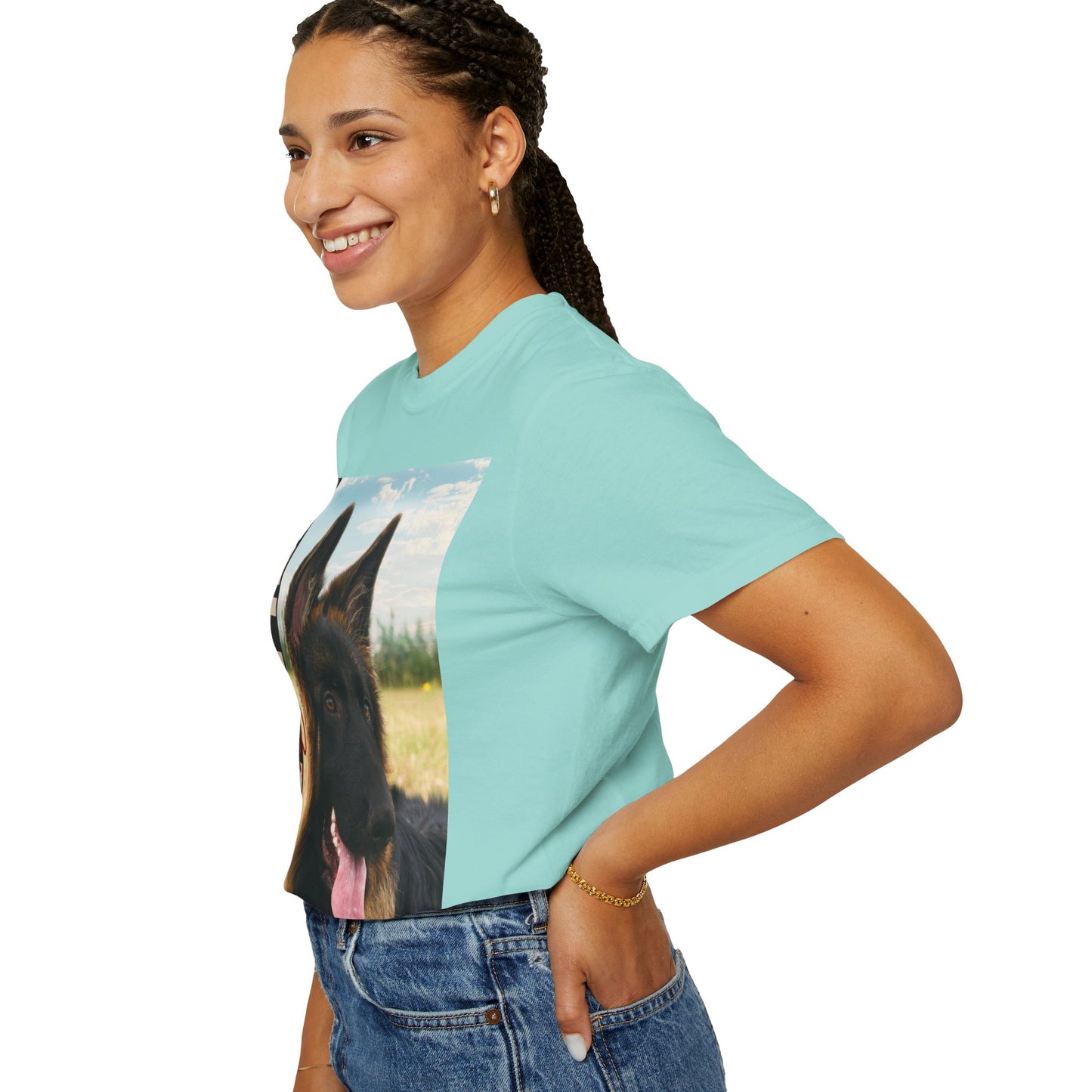 Unisex Dog Lover T-Shirt With Young Long Coat German Shepherd Looking Sideways Leaving Tongue Out and Caption Selfless Beings Written With Beige Red