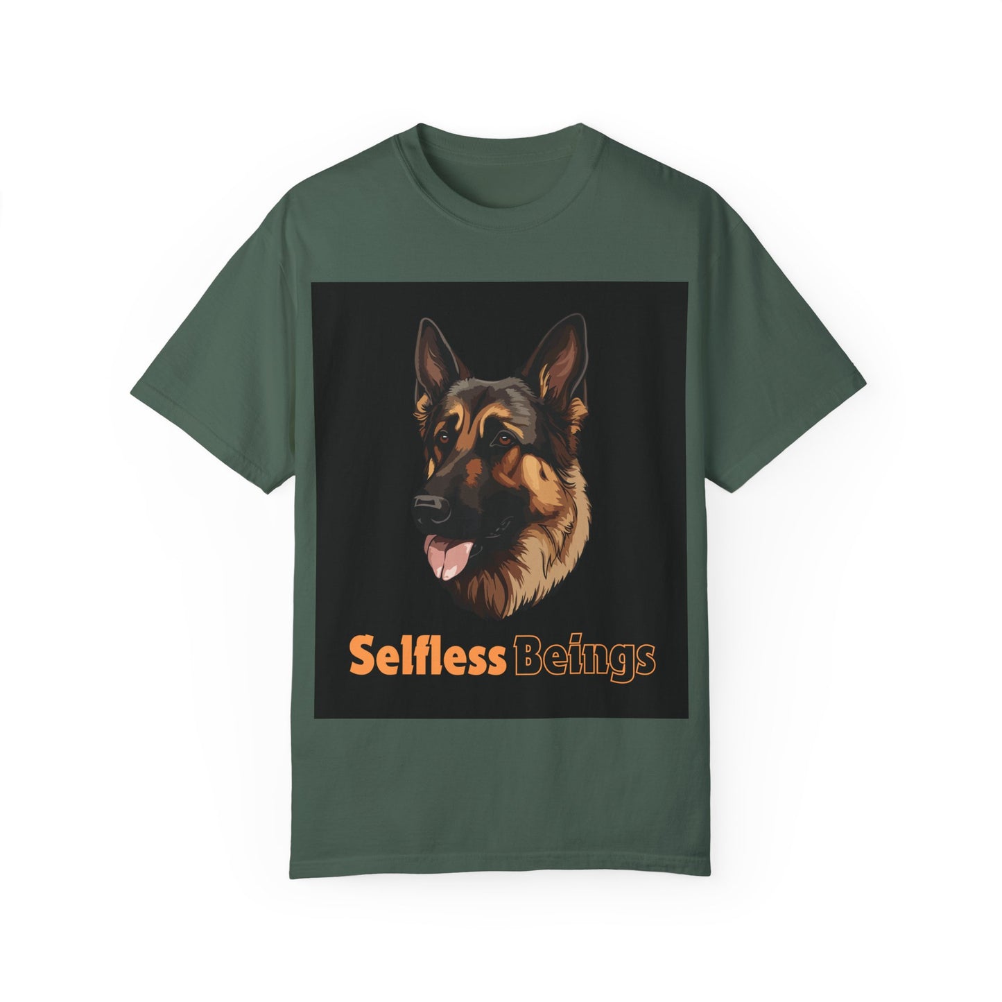 Unisex Dog Lover T-Shirt With Close Up Graphic of German Shepherd and Caption Selfless Beings is Written with Text Effect in Light Orange