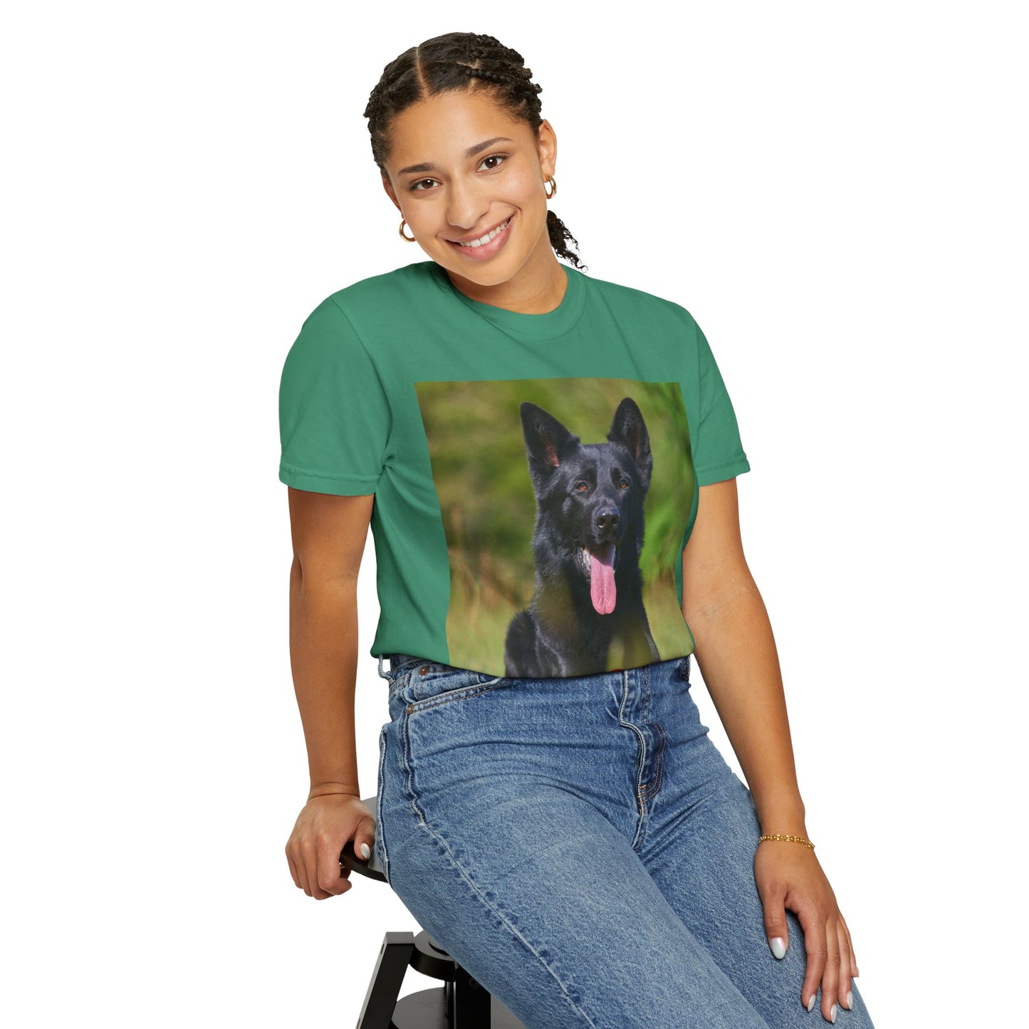 Unisex Dog Lover T-Shirt With Black German Shepherd Resting on the Grass Leaving Tongue Out and Caption Selfless Beings