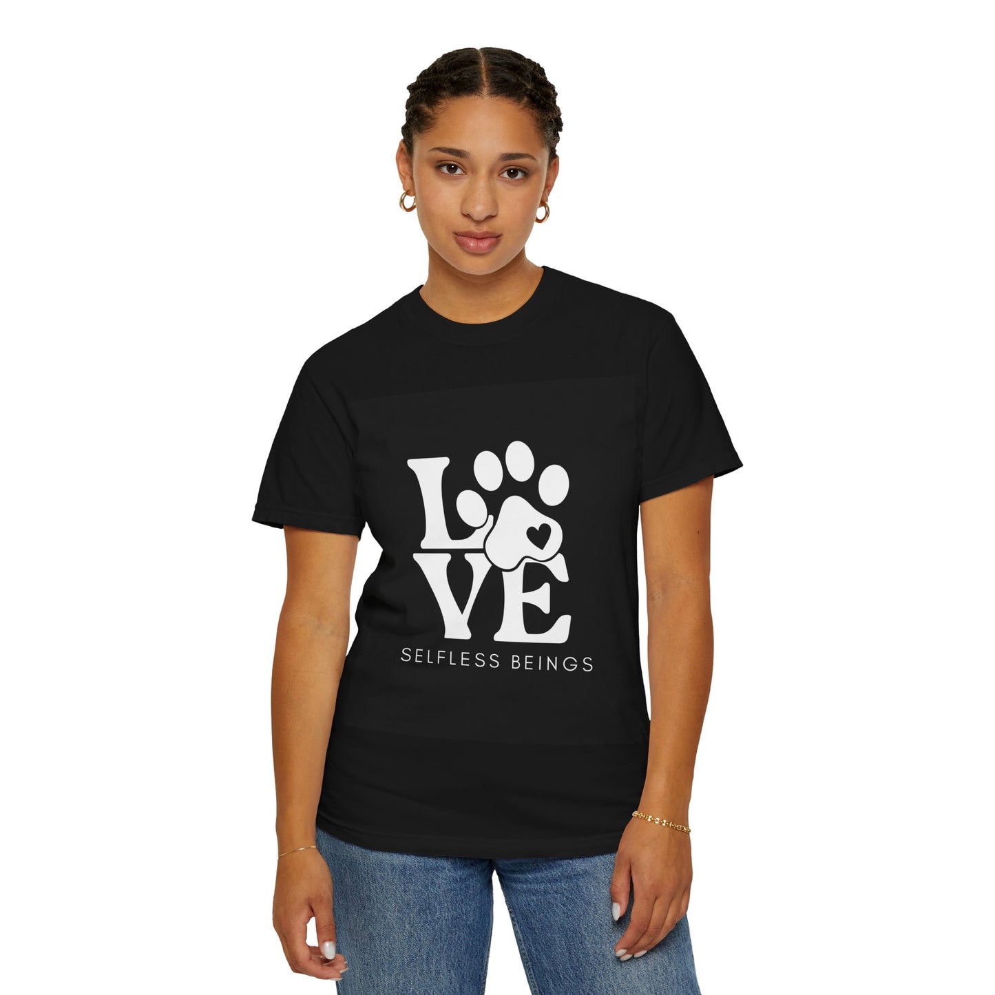 Unisex Dog Lover T-Shirt With Graphic of Love Dog-Paw and Caption Selfless Beings