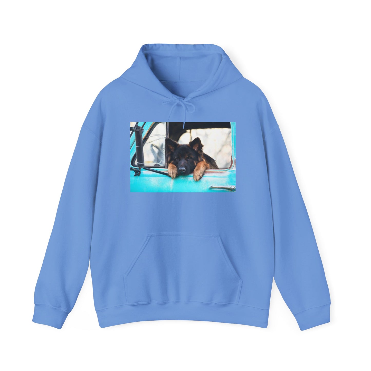 Unisex Dog Lover Hoodie With German Shepherd Puppy Putting His Head and Front Legs On The Truck Seat's Window