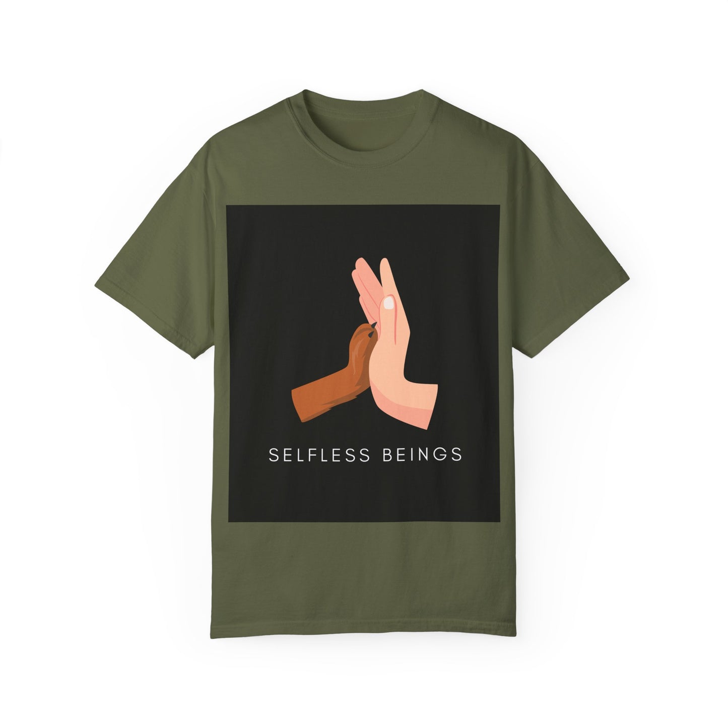 Unisex Dog Lover T-Shirt With Graphic of Human Hand Touching Dog's Paw and Selfless Beings Caption Below