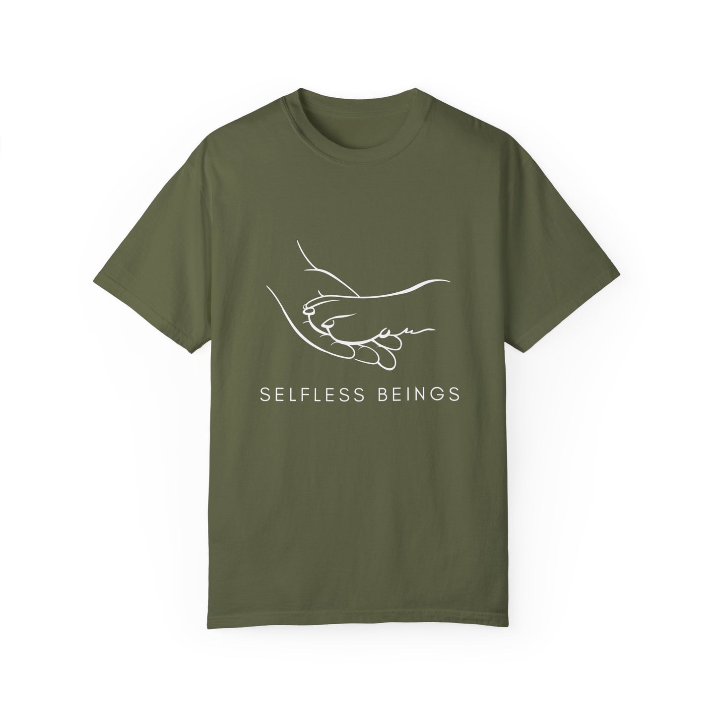 Unisex Dog Lover T-Shirt With Illustration of Dog Paw on Human Hand and Caption Selfless Beings Below