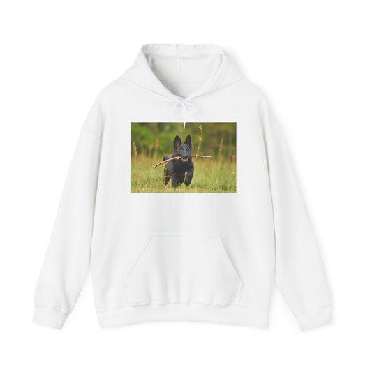 Unisex Dog Lover Hoodie With Black German Shepherd Puppy Running on the Grass Holding a Stick in the Mouth