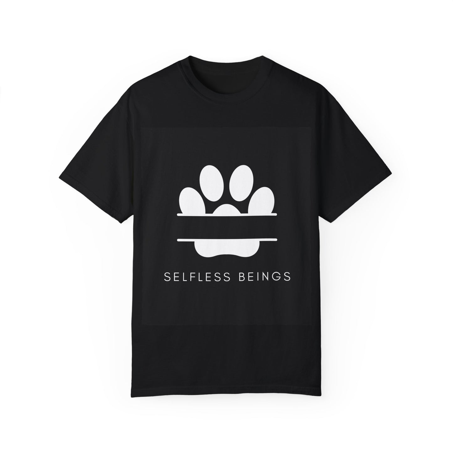 Unisex Dog Lover T-Shirt With Design of Dog's White Paw Print Whose Metacarpal is Split and Caption Selfless Beings