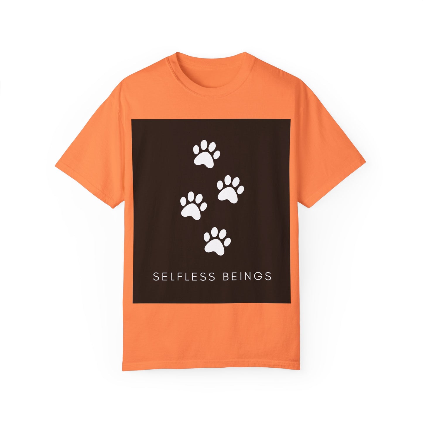 Unisex Dog Lover T-Shirt With 4 White Paw Prints and Caption Selfless Beings