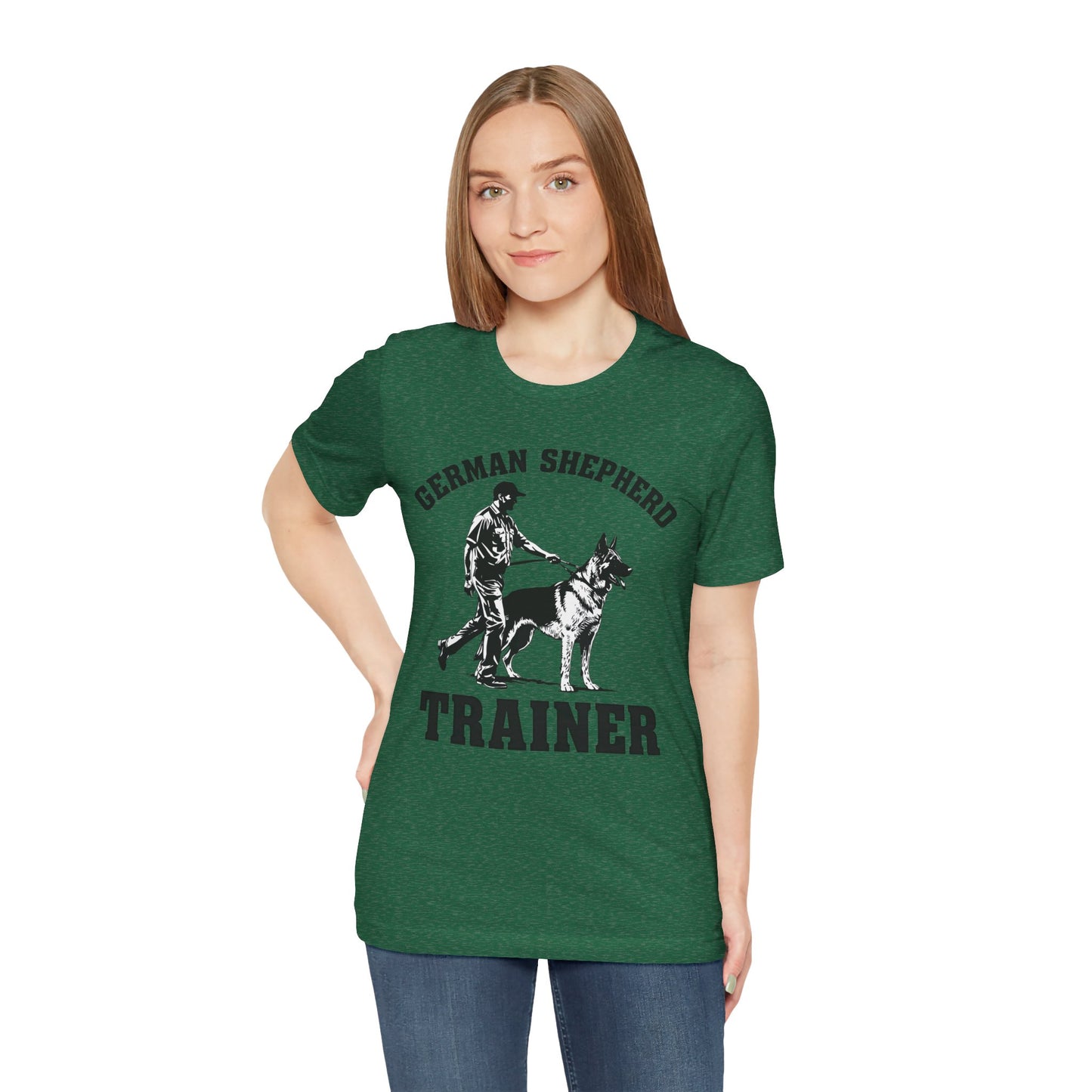 German Shepherd Trainer Tee - Black and White Design of Man Holding a German Shepherd