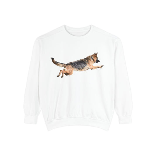 Unisex Dog Lover Sweatshirt With a Wet German Shepherd Jumping in the Air
