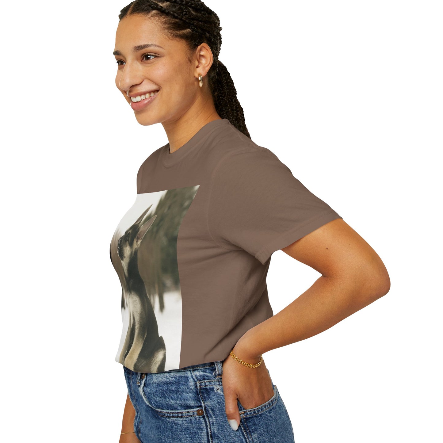 Unisex Dog Lover T-Shirt With a German Shepherd Puppy Sloppily Sitting on the Snow and Caption Selfless Beings